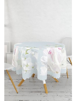 Rem Home Remhome Renkli Zeminli Beyaz Çiçek Desenli Dijital Baskılı Modern Yuvarlak Masa Örtüsü - Çap 140CM 140 x 140 cm
