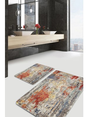 Rem Home Remhome Çok Renkli Zeminde Kanvas Motifli Yağlıboya Eskitme Motifli Klasik 2'li Banyo & Mutfak Paspas Takımı Takım Banyo Paspası