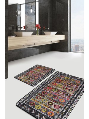 Rem Home Remhome Antika Zeminde Otantik Motifli Uşak Eskitme Motifli Etnik Motifler 2'li Banyo & Mutfak Paspas Takımı Takım Banyo Paspası