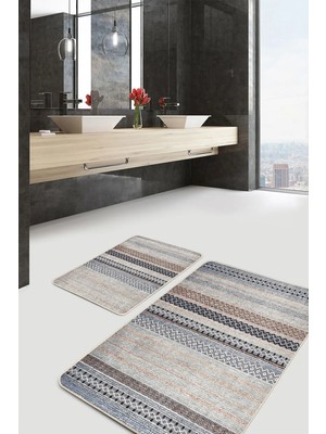 Rem Home Remhome Krem - Siyah Zeminde Örgü Motifli Eskitme Geometrik Etnik Motifler 2'li Banyo & Mutfak Paspas Takımı Takım Banyo Paspası