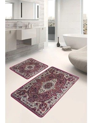 Rem Home Remhome Kırmızı Zeminde Dokuma Halı Motifli Osmanlı Avangarde Etnik Motifler 2'li Banyo Mutfak Paspas Takımı Takım Banyo Paspası