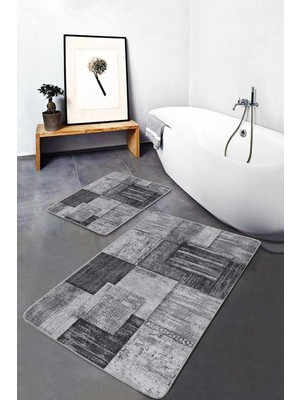 Rem Home Remhome Siyah - Beyaz Zeminde Dokuma Halı Motifli Eskitme Desenli Sade & Şık Klasik 2'li Banyo Paspas Takımı Takım Banyo Paspası