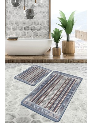 Rem Home Remhome 2'li Set Mavi Zeminde Kilim Motifli Hereke Desenli Etnik Motifler Avangarde 2'li Banyo Paspas Takımı Takım Banyo Paspası