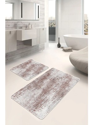 Rem Home Remhome 2'li Set Bej Zeminde Dokuma Halı Motifli Eskitme Eskitme Motifli Vintage 2'li Banyo Paspas Takımı Takım Banyo Paspası