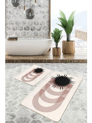 Rem Home Remhome 2'li Set Siyah - Kahverengi Zeminde Tablo Motifli Modern Geometrik Bohem 2'li Banyo Paspas Takımı Takım Banyo Paspası