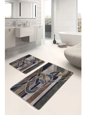 Rem Home Remhome Kanvas Zeminde Modern Sanat Motifli Düğüm Desenli Modern Klasik 2'li Banyo & Mutfak Paspas Takımı Takım Banyo Paspası