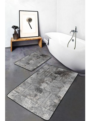 Rem Home Remhome Siyah Beyaz Zemin Klasik Motifli Geometrik Geometrik Eskitme Motifli 2'li Banyo Mutfak Paspas Takımı Takım Banyo Paspası