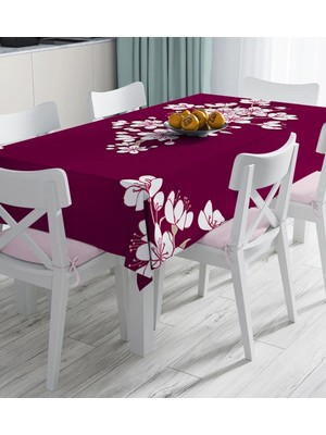 Rem Home Remhome Bordo Zemin Üzerinde Beyaz Renkli Çiçek Desenli Dijital Baskılı Masa Örtüsü 90 x 90 cm