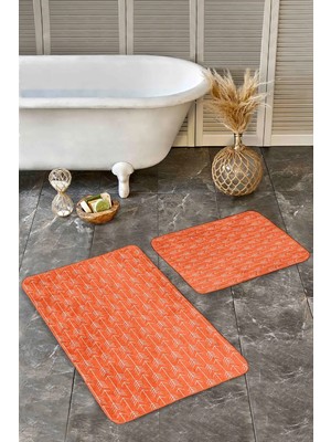 Rem Home Remhome 2'li Set Turuncu Zeminde Iskandinav Motifli Ok Desenli Geometrik Sade & Şık 2'li Banyo Paspas Takımı Takım Banyo Paspası