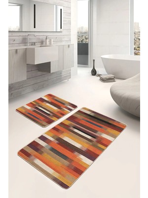 Rem Home Remhome 2li Set Çok Renkli Zeminde Patchwork Motifli Yöresel Desenli Vintage Klasik 2'li Banyo Paspas Takımı Takım Banyo Paspası