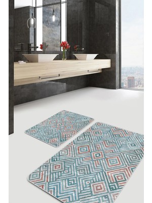 Rem Home Remhome 2li Set Açık Mavi Zeminde Renkli Motifli Geometrik Desenli Geometrik Klasik 2'li Banyo Paspas Takımı Takım Banyo Paspası