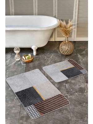Rem Home Remhome Gri Zeminde Geometrik Motifli Kazayağı Desenli Geometrik Modern 2'li Banyo & Mutfak Paspas Takımı Takım Banyo Paspası