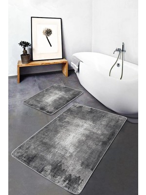 Rem Home Remhome 2'li Set Gri Zeminde Eskitme Motifli Retro Desenli Eskitme Motifli Vintage 2'li Banyo Paspas Takımı Takım Banyo Paspası