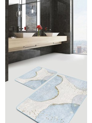 Rem Home Remhome 2'li Gold - Mavi Zeminde Altın Motifli Boyama Desenli Bohem Modern 2'li Banyo & Mutfak Paspas Takımı Takım Banyo Paspası