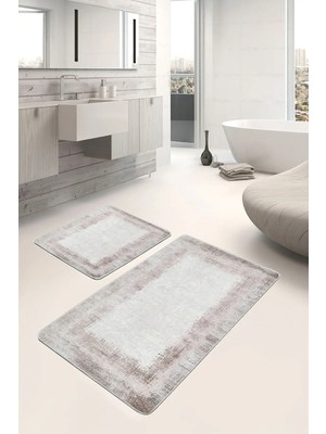 Rem Home Remhome Krem Bej Zeminde Çerçeveli Motifli Dokuma Sade Şık Eskitme Motifli 2'li Banyo Mutfak Paspas Takımı Takım Banyo Paspası