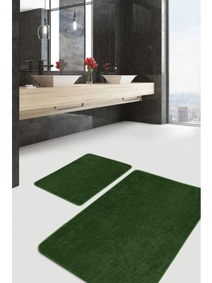 Rem Home Remhome 2'li Set Düz Renk Koyu Yeşil 2'li Banyo & Mutfak Paspas Takımı Takım Banyo Paspası