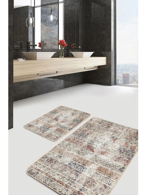 Rem Home Remhome Antika Zeminde Geleneksel Motifli Eskitme Motifli Etnik Motifler 2'li Banyo & Mutfak Paspas Takımı Takım Banyo Paspası