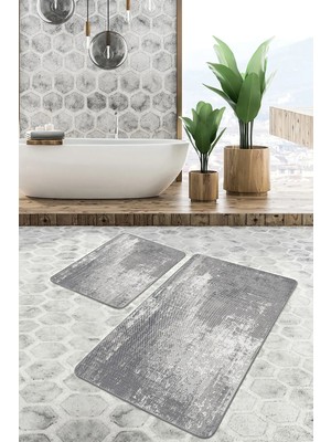 Rem Home Remhome 2'li Set Gri Zeminde Eskitme Motifli Antik Desenli Eskitme Motifli Vintage 2'li Banyo Paspas Takımı Takım Banyo Paspası