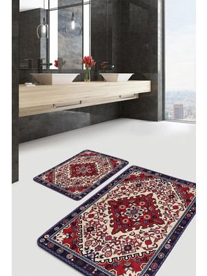 Rem Home Remhome Kırmızı Zeminde Antik Motifli El Dokuma Etnik Motifler Avangarde 2'li Banyo & Mutfak Paspas Takımı Takım Banyo Paspası