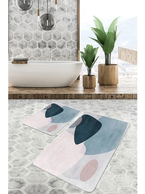 Rem Home Remhome Lacivert - Mavi Zeminde Modern Sanat Motifli Tablo Desenli Bohem Sade & Şık 2'li Banyo Paspas Takımı Takım Banyo Paspası