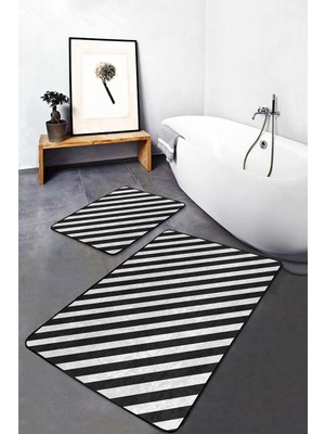 Rem Home Remhome Siyah Beyaz Çapraz Çizgi Tasarımlı 2'li Kaymaz Tabanlı Banyo & Mutfak Paspas Takımı Takım Banyo Paspası