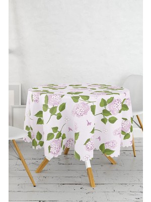 Rem Home Remhome Renkli Zemin Üzerinde Yeşil Yapraklı Çiçek Desenli Modern Yuvarlak Masa Örtüsü - Çap 140CM 140 x 140 cm