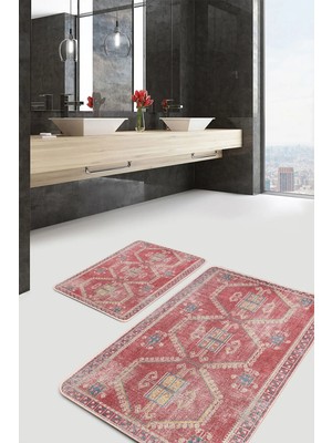 Rem Home Remhome 2'li Set Kırmızı Zeminde Etnik Motifli Uşak Eskitme Motifli Avangarde 2'li Banyo Paspas Takımı Takım Banyo Paspası