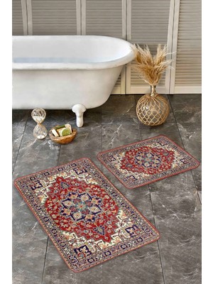 Rem Home Remhome 2'li Set Kırmızı Zeminde Hereke Motifli Dokuma Halı Vintage Avangarde 2'li Banyo Paspas Takımı Takım Banyo Paspası