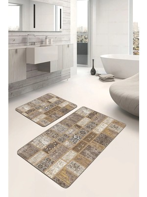 Rem Home Remhome Kahverengi Zeminde Patchwork Motifli Yöresel Etnik Motifler Klasik 2'li Banyo & Mutfak Paspas Takımı Takım Banyo Paspası