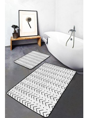 Rem Home Remhome Beyaz Siyah Zeminde Iskandinav Motifli Yöresel Sade & Şık Geometrik 2'li Banyo Mutfak Paspas Takımı Takım Banyo Paspası