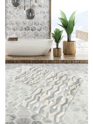 Rem Home Remhome Bej Zeminde Geometrik Motifli Örgü Desenli Geometrik Sade & Şık 2'li Banyo & Mutfak Paspas Takımı Takım Banyo Paspası