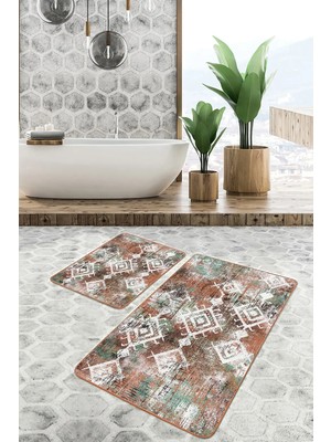Rem Home Remhome Yeşil - Kremit Zeminde Etnik Motifli Kilim Eskitme Motifli Etnik Motifler 2'li Banyo Paspas Takımı Takım Banyo Paspası