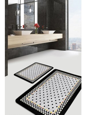 Rem Home Remhome Gri Zeminde Puanlı Motifli Çerçeveli Desenli Geometrik Vintage 2'li Banyo & Mutfak Paspas Takımı Takım Banyo Paspası