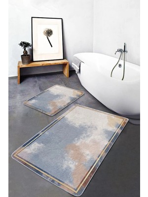 Rem Home Remhome 2'li Set Çok Renkli Zeminde Çerçeve Motifli Boyama Geometrik Sade & Şık 2'li Banyo Paspas Takımı Takım Banyo Paspası