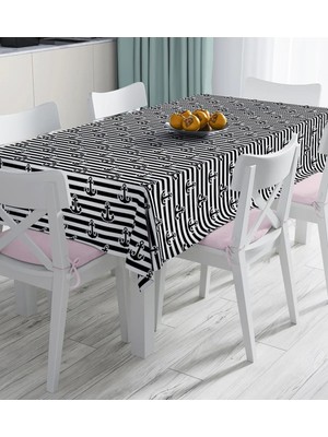 Rem Home Remhome Beyaz Zemin Üzerinde Siyah Çizgili Çapa Desenli Dijital Baskılı Masa Örtüsü 90 x 90 cm