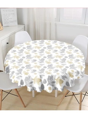 Rem Home Remhome Beyaz Zemin Üzerinde Gold Detaylı Kozalak Desenli Modern Yuvarlak Masa Örtüsü - Çap 140 cm 140 x 140 cm