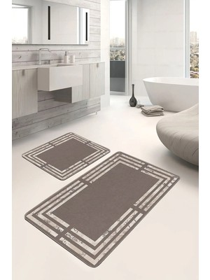 Rem Home Remhome Kahverengi Beyaz Zeminde Çerçeveli Motifli Mermer Desenli Sade Şık 2'li Banyo & Mutfak Paspas Takımı Takım Banyo Paspası