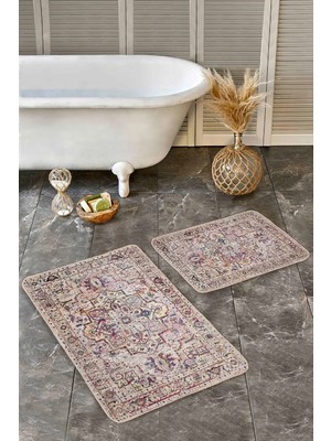 Rem Home Remhome 2'li Set Krem Zeminde Uşak Motifli Geleneksel Avangarde Eskitme Motifli 2'li Banyo Paspas Takımı Takım Banyo Paspası