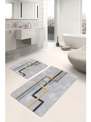 Rem Home Remhome 2'li Set Gri Zeminde Geometrik Motifli Klasik Desenli Geometrik Sade & Şık 2'li Banyo Paspas Takımı Takım Banyo Paspası
