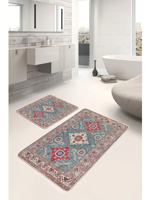 Rem Home Remhome 2'li Set Çok Renkli Zeminde Uşak Motifli Yöresel Desenli Avangarde Klasik 2'li Banyo Paspas Takımı Takım Banyo Paspası