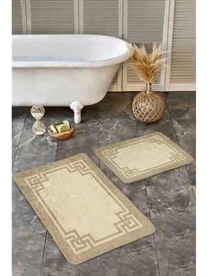 Rem Home Remhome 2'li Bej Zeminde Çerçeveli Motifli Hasır Desenli Klasik Sade & Şık 2'li Banyo & Mutfak Paspas Takımı Takım Banyo Paspası