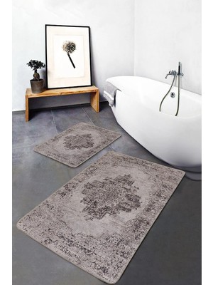 Rem Home Remhome 2'li Set Bej Zeminde Göbekli Halı Motifli Hereke Desenli Vintage Avangarde 2'li Banyo Paspas Takımı Takım Banyo Paspası