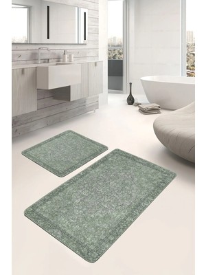 Rem Home Remhome Yeşil Zeminde Çerçeveli Motifli Etnik Desenli Avangarde Klasik 2'li Banyo & Mutfak Paspas Takımı Takım Banyo Paspası