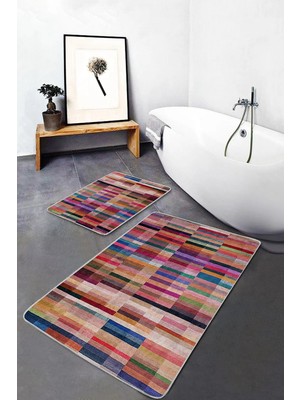 Rem Home Remhome 2'li Set Çok Renkli Zeminde Patchwork Motifli Kırkyama Vintage Klasik 2'li Banyo Paspas Takımı Takım Banyo Paspası