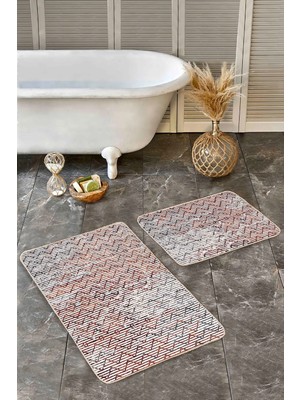 Rem Home Remhome Kırmızı Zeminde Çizgili Motifli Zikzak Desenli Geometrik Klasik 2'li Banyo & Mutfak Paspas Takımı Takım Banyo Paspası