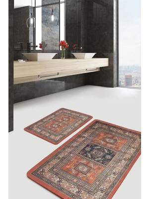 Rem Home Remhome 2'li Set Kiremit Zeminde Çerçeve Motifli Kilim Avangarde Etnik Motifler 2'li Banyo Paspas Takımı Takım Banyo Paspası