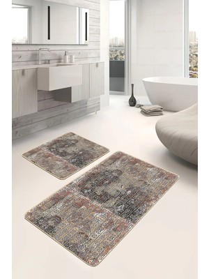Rem Home Remhome Otantik Zeminde Geleneksel Motifli Antik Vintage Eskitme Motifli 2'li Banyo & Mutfak Paspas Takımı Takım Banyo Paspası