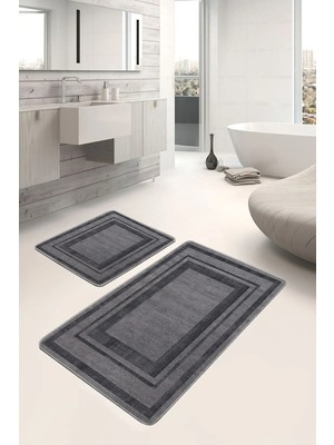 Rem Home Remhome Gri - Füme Zeminde Çerçeveli Motifli Dokuma Sade & Şık Geometrik 2'li Banyo & Mutfak Paspas Takımı Takım Banyo Paspası