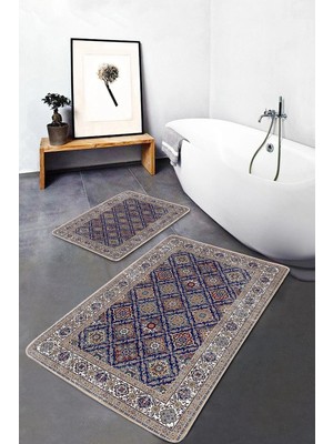 Rem Home Remhome 2'li Set Lacivert Zeminde Uşak Motifli Geleneksel Desenli Vintage Avangarde 2'li Banyo Paspas Takımı Takım Banyo Paspası