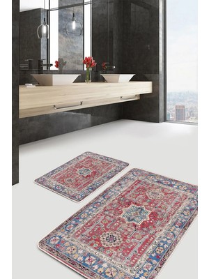 Rem Home Remhome 2'li Set Kırmızı Zeminde Hereke Motifli Yöresel Desenli Vintage Avangarde 2'li Banyo Paspas Takımı Takım Banyo Paspası